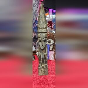 Vintage 20” Hand-Carved Wooden Tribal Warrior Statue with Feather Headdress